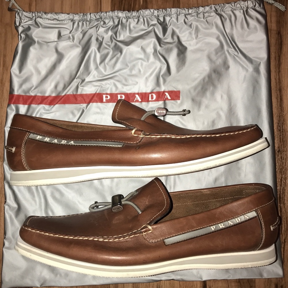 Prada Brown Boat shoe with draw string.
